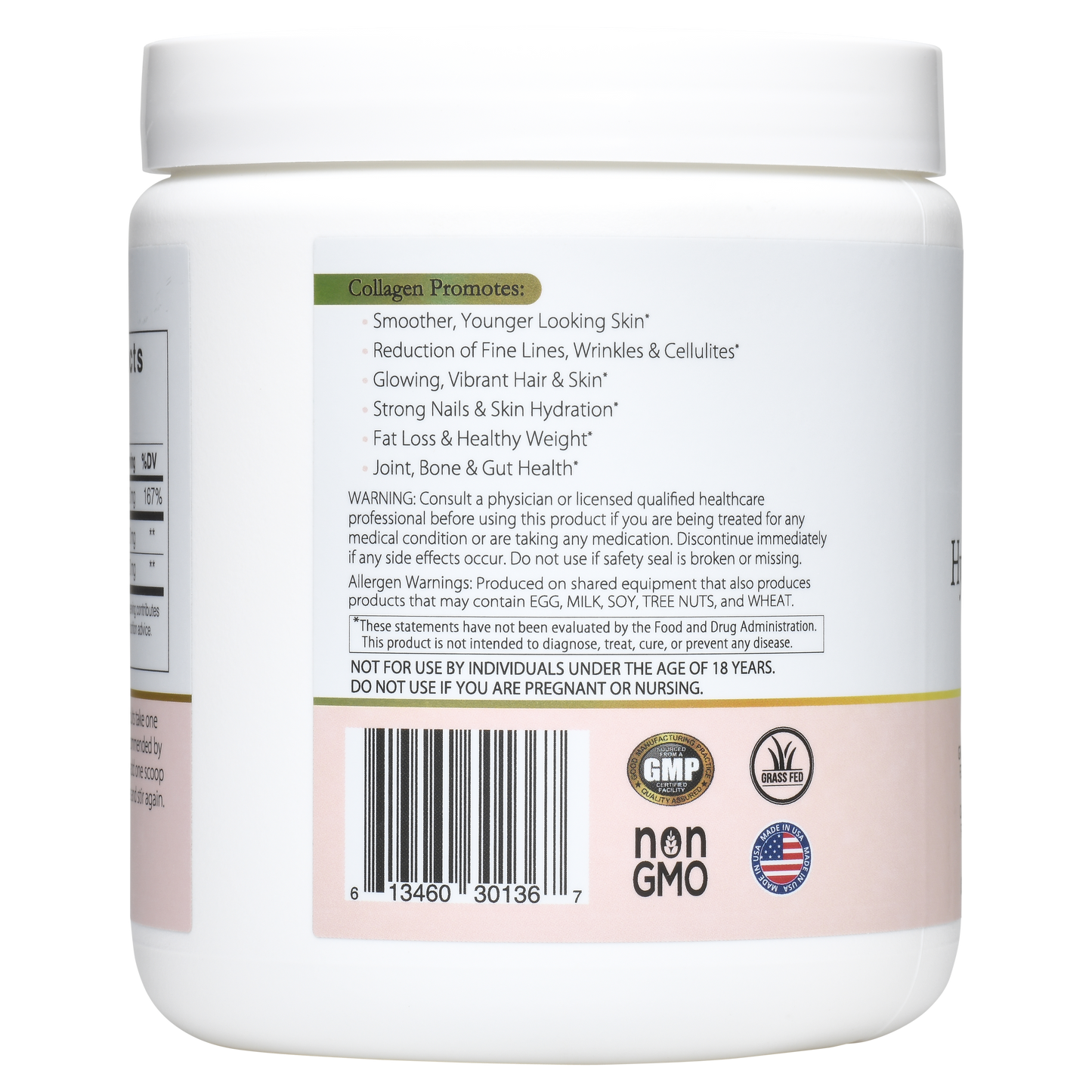 collagen peptides supplement label showing benefits for skin, hair, nails, weight management, joint, bone and gut health