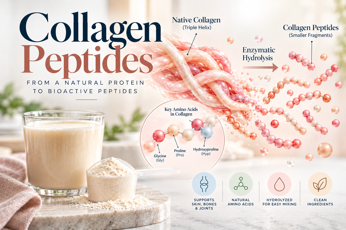Collagen peptides, hydrolysis process, and key amino acids.