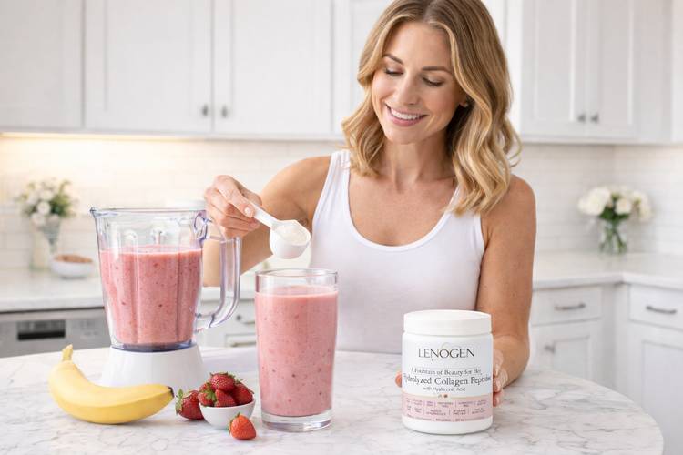 woman making lenogen collagen powder smoothie with strawberry and banana