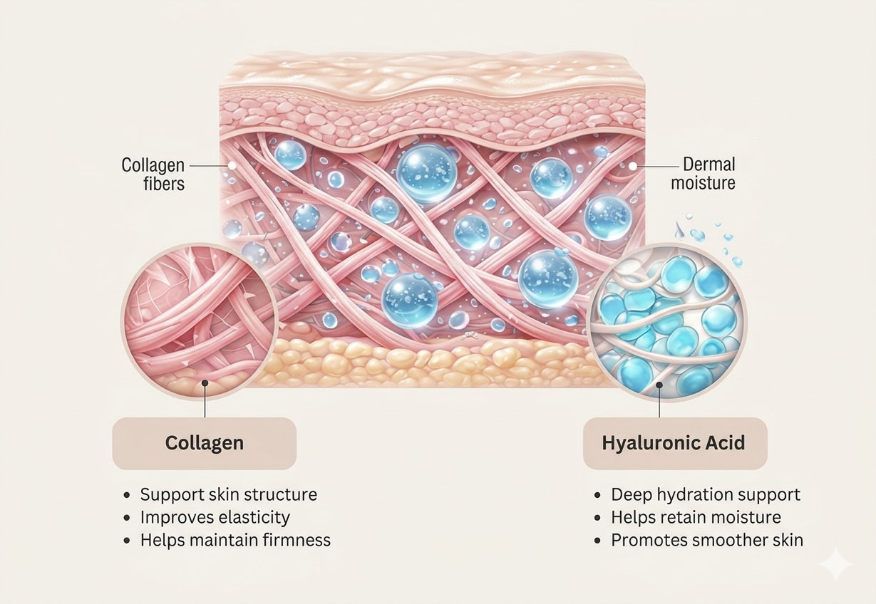 collagen peptides and hyaluronic acid supporting skin hydration and elasticity