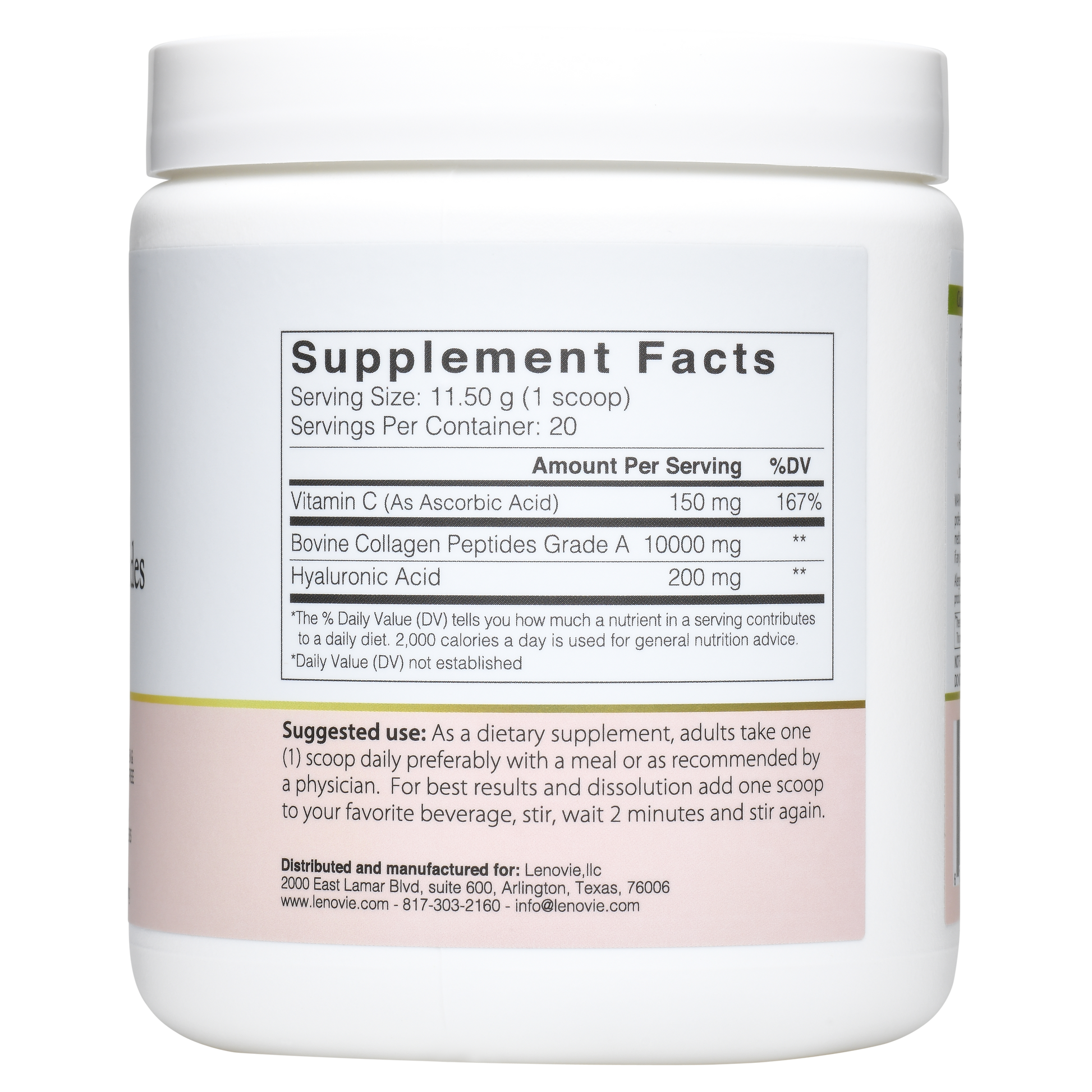 collagen peptides supplement facts showing 10000mg bovine collagen, 200mg hyaluronic acid and vitamin C per serving