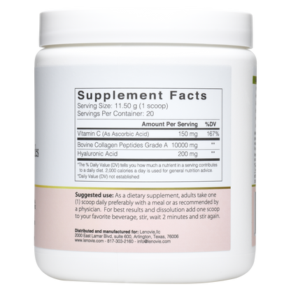 collagen peptides supplement facts showing 10000mg bovine collagen, 200mg hyaluronic acid and vitamin C per serving