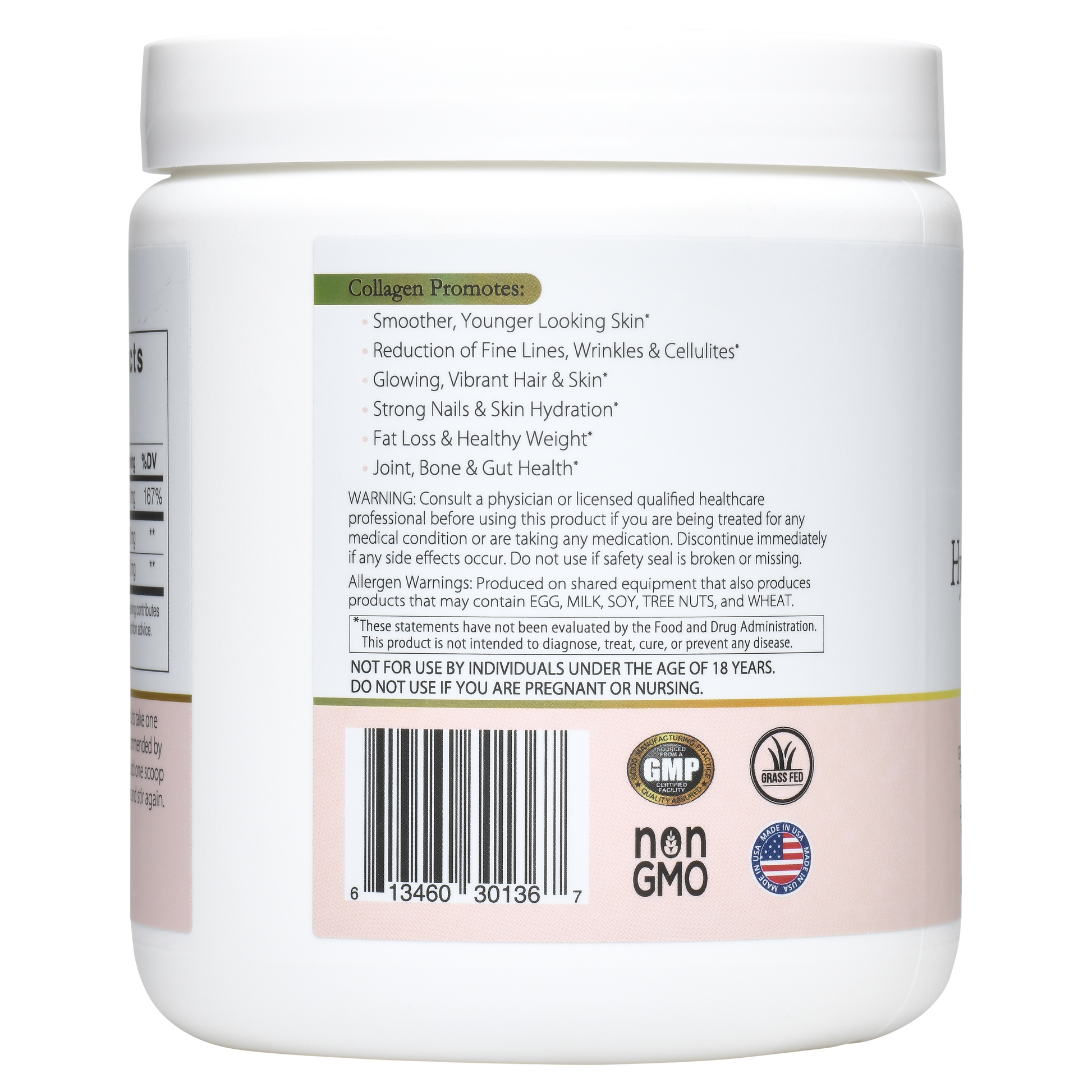 collagen peptides supplement label showing benefits for skin, hair, nails, weight management, joint, bone and gut health