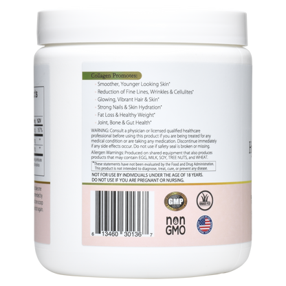 collagen peptides supplement label showing benefits for skin, hair, nails, weight management, joint, bone and gut health