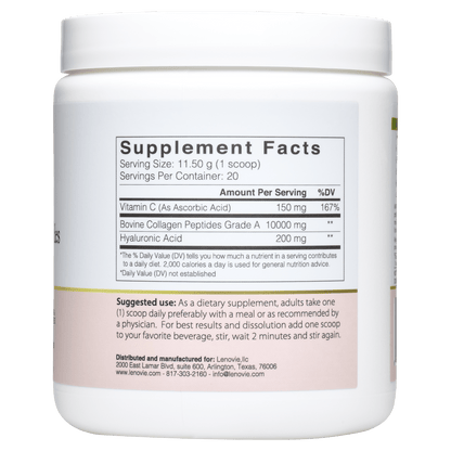 Collagen powder for Women nutrition label - 10,000mg Type I &I II with 200ng Hyaluronic Acid and Vitamin C