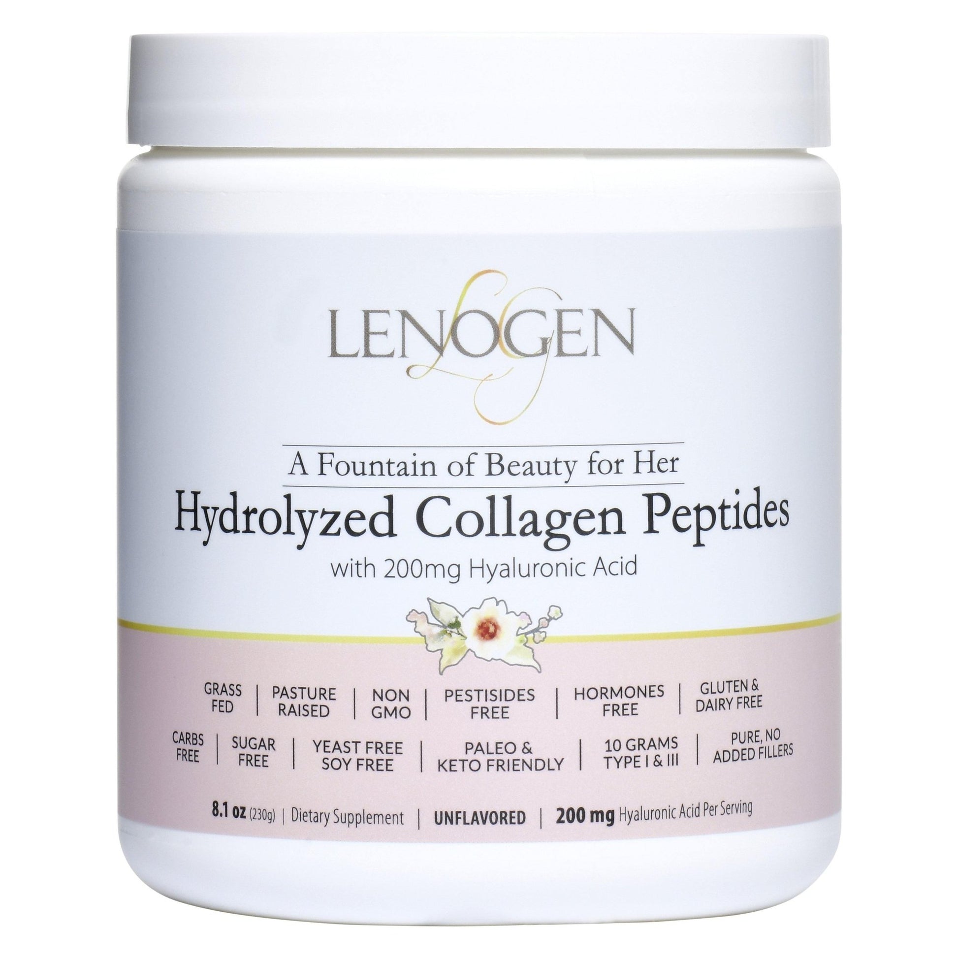 Collagen powder for women - Lenogen 10,000mg with 200mg hyaluronic Acid front label