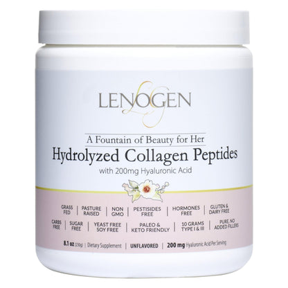 Collagen powder for women - Lenogen 10,000mg with 200mg hyaluronic Acid front label